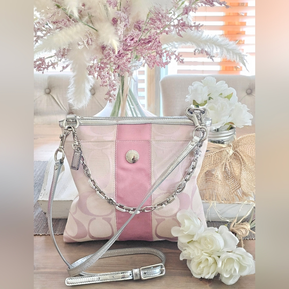 Coach Legacy Signature Stripe Crossbody Shoulder Bag ( Pink )
